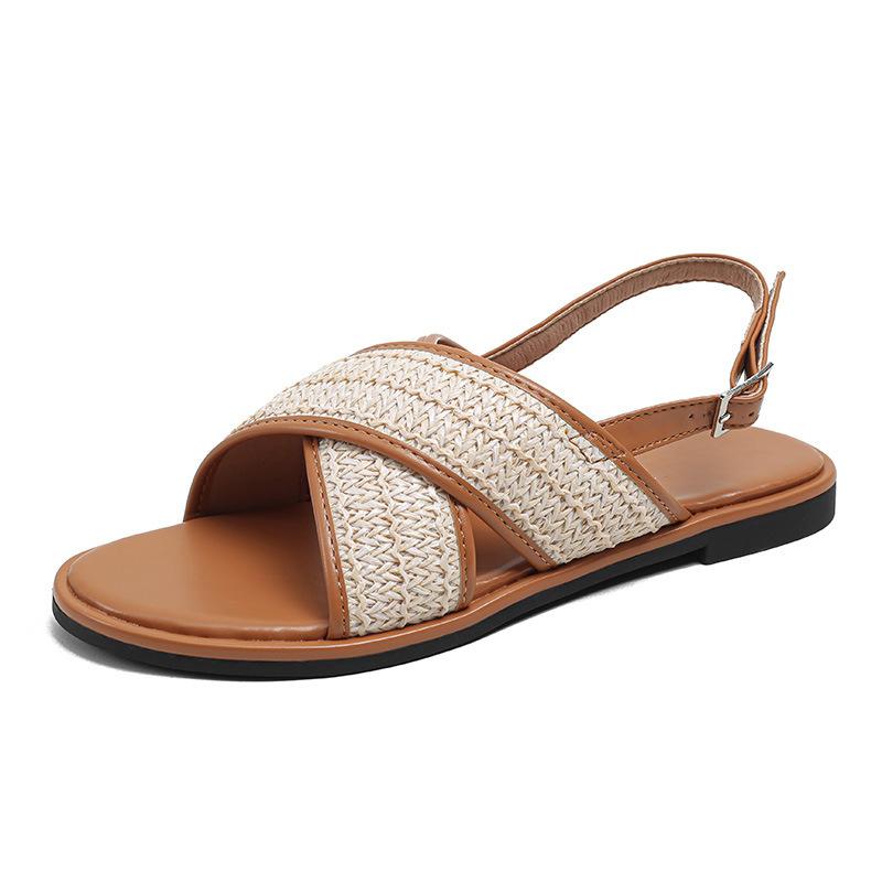 Grape mother has the same 2025 new woven surface cross-buckle with round head open-toed versatile women's platform sandals for summer wear