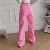 Jeans rosa petite a vita alta stile coreano a gamba larga - Estivo da donna vestibilità ampia