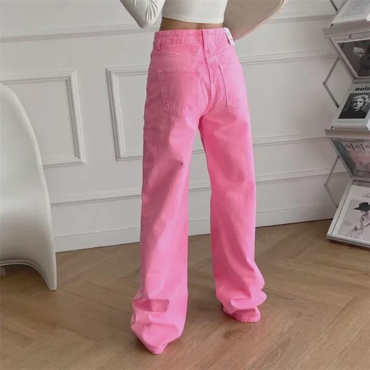 Jeans rosa petite a vita alta stile coreano a gamba larga - Estivo da donna vestibilità ampia