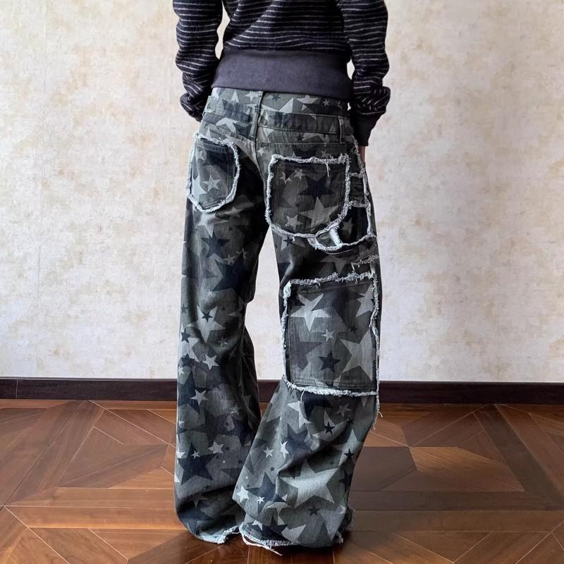 Camouflage Wide Leg Denim Pants Women High Waist Loose Fit Street Style Trousers