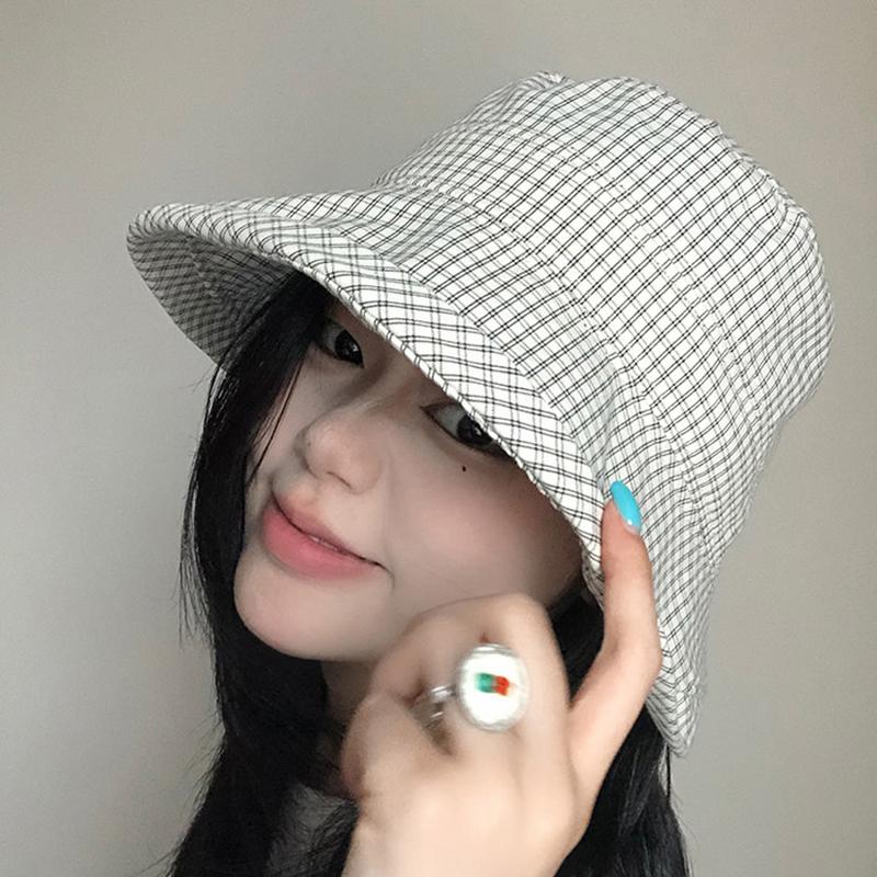 New Summer Women'S Plaid Rolled Brim Bucket Hat Wide-Brimmed Quick-Drying Sun-Protective Hat