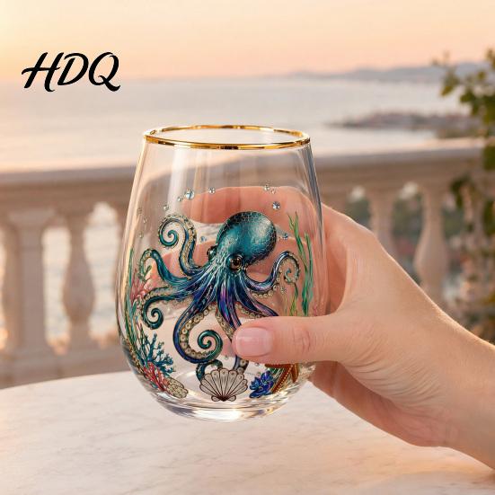 Hand-painted Glass Cup Hand Painted Tumbler Egg Shaped with Gold Rim Clear