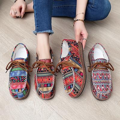 2025 Foreign Trade Large Size Ethnic Style Lace-up Single Shoes Women's Low-top Color Graffiti Canvas Flat-soled Single Shoes Explosion