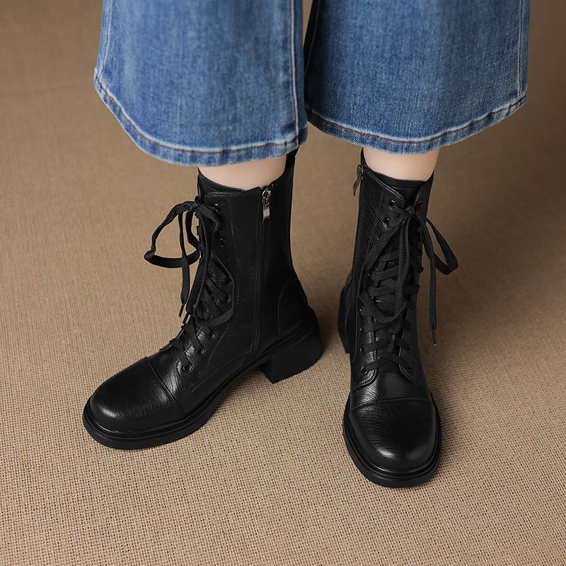 Krazing Pot Cow Skin Round Toe Thick Heels Motorcycle Boots Size 42 Lace Up Women Keep Warm Mid-calf Boots