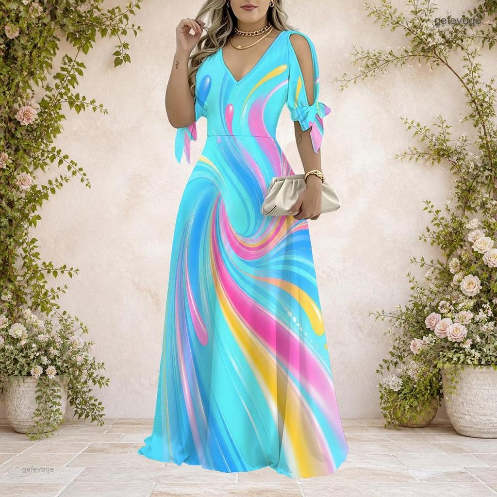 Women Plus Size Cold Shoulder V Neck Tie Cuff Short Sleeve Swirl Printed A Line Long Dress