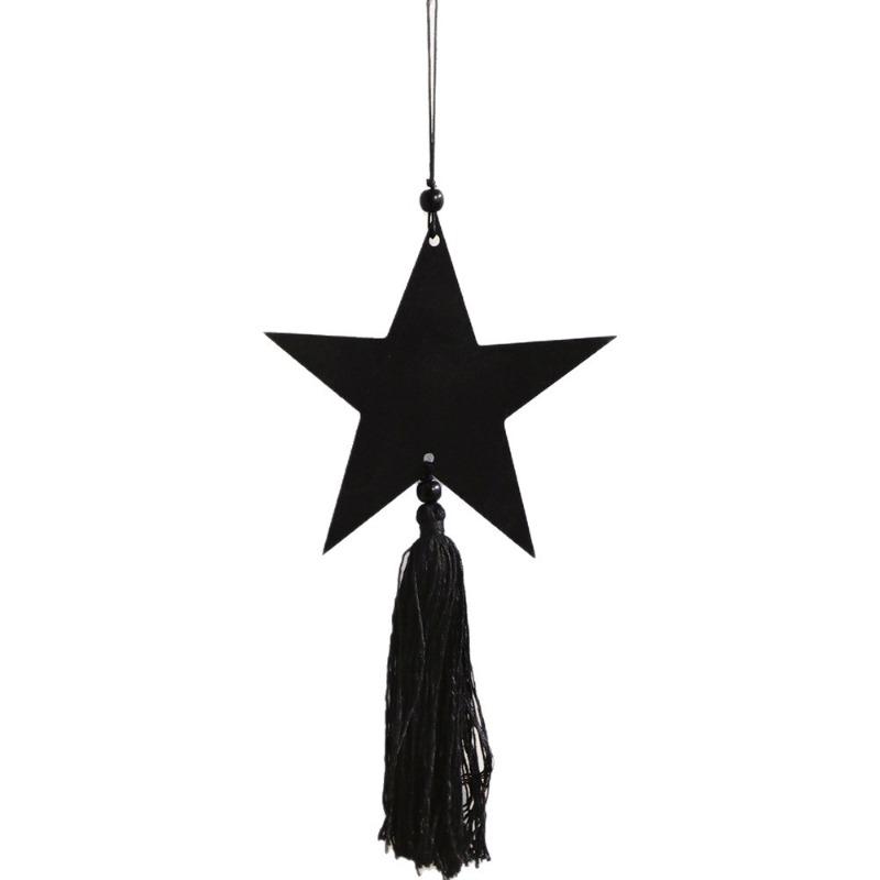 Black Star and Moon Tassel Wooden Handicraft Pendant for Home Bedroom Wall Decoration Holiday Arrangement