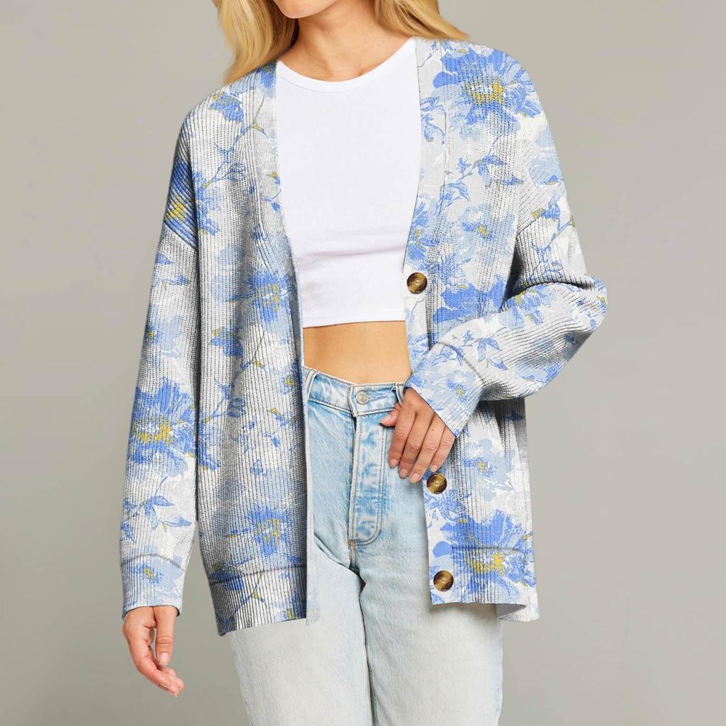 Women's Fashion Long Sleeve Print V-Neck Button Loose Cardigan Top
