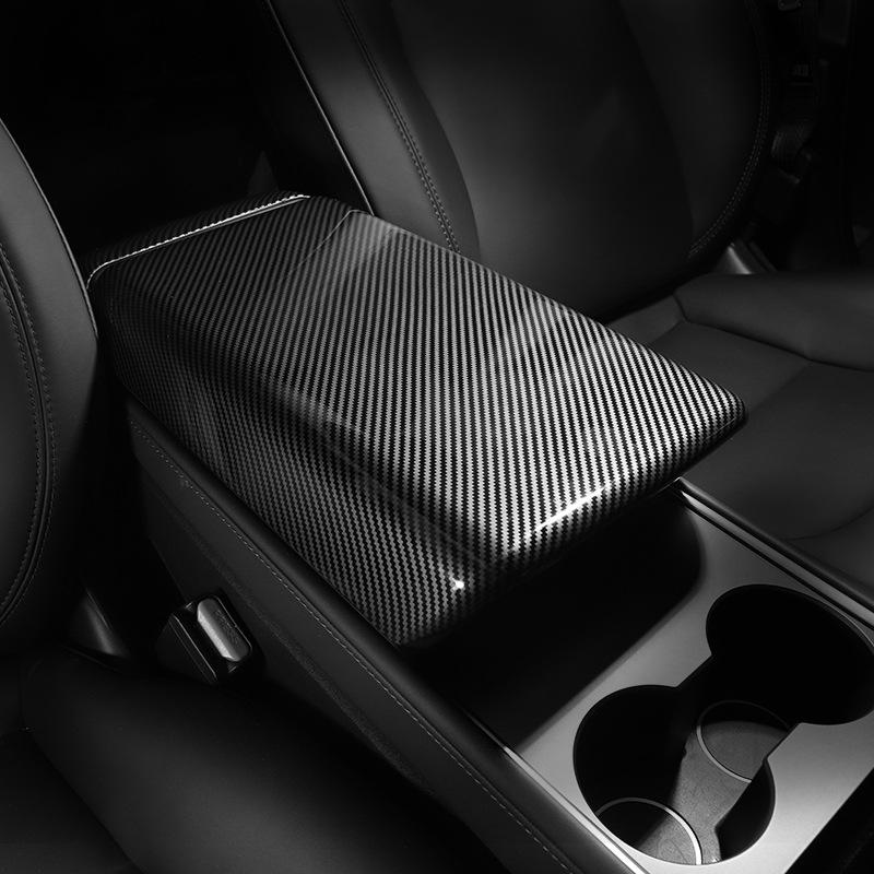 For Tesla Model 3 Y ABS Armrest Box Cover Rear Air Outlet Protective Cover Black Carbon Fiber Electric Vehicle Sticker Decoratio