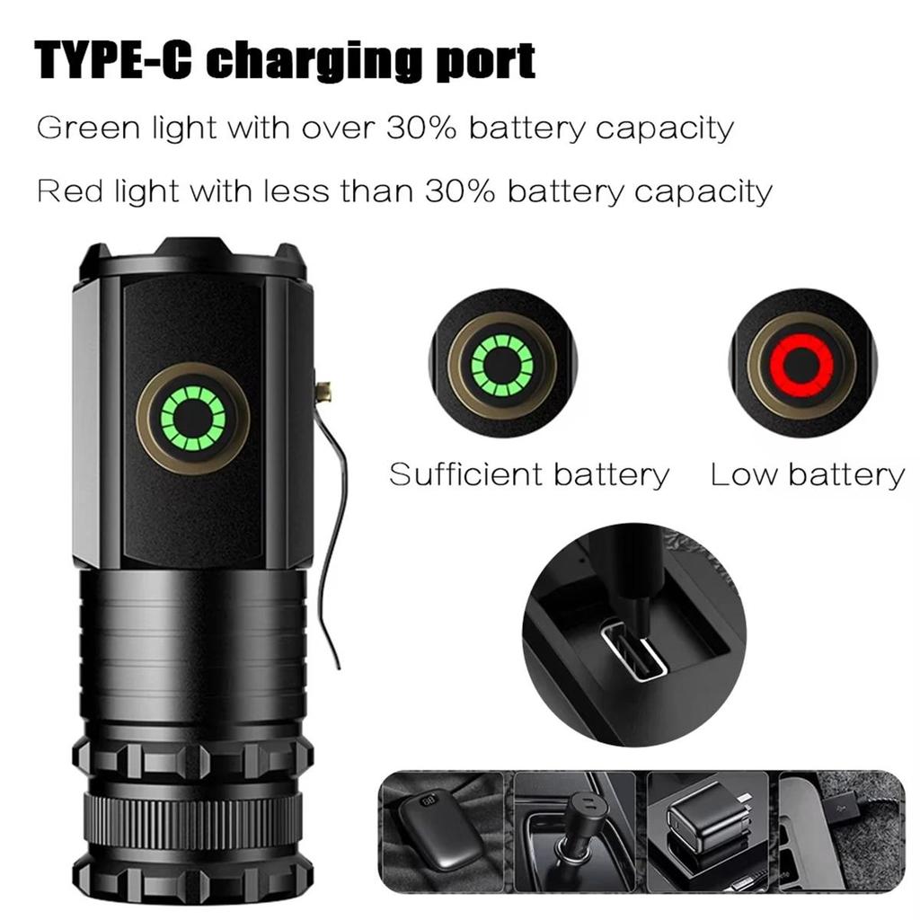 Flashlight With Power Indicator Powerful Emergency Clip On Keychain Waterproof Rechargeable Torches Usb-C Flashlights White Mini