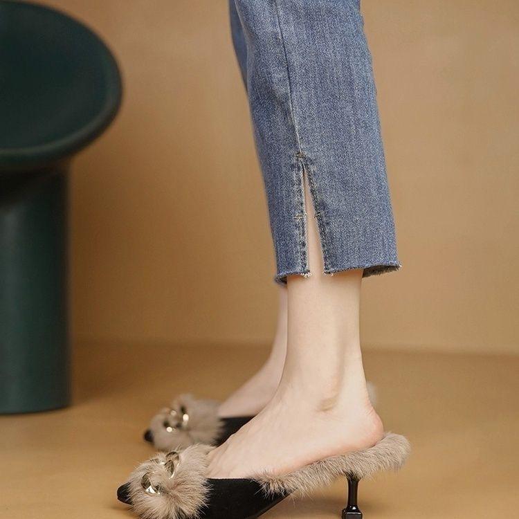Korean version design niche imperial sister wind fluffy slippers annual wear thin heel winter slippers high heel half drag