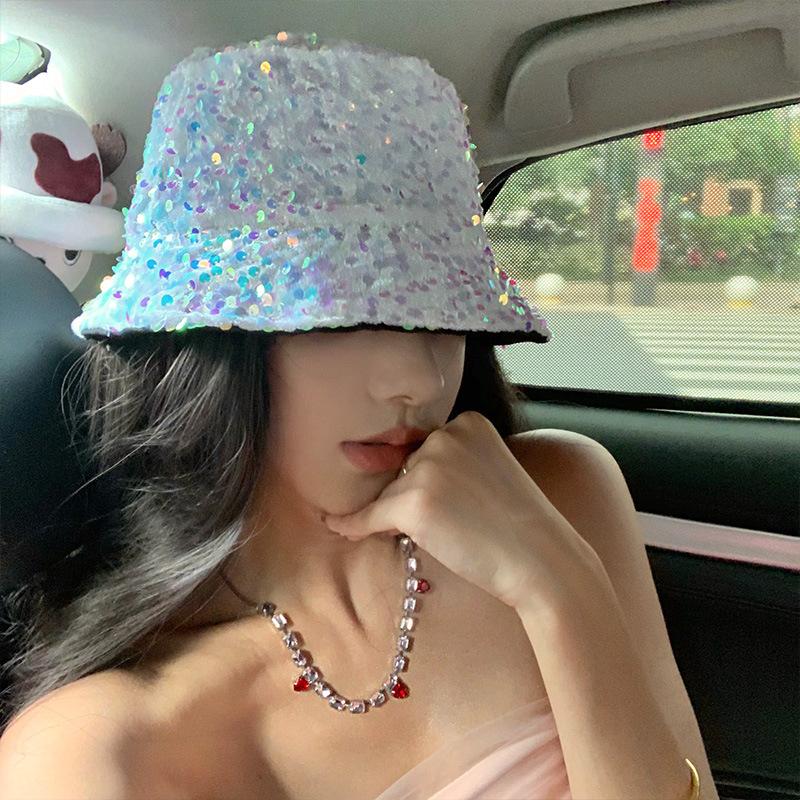 Korean-style internet celebrity versatile mermaid sequin bucket hat for women, simple and face-slimming bucket hat