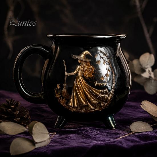 Kaffee Milch Heiße Schokolade Tasse Halloween Hexe Kessel Tasse, 350ml Vintage Gotisch Dreibeiniger Zaubertopf, Tasse für Schwarze Katze Keramik Haus Und Büro Dekoration Drei
