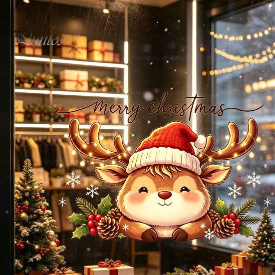 Removable Static Window Film Christmas Reindeer Stickers, PVC Waterproof Elk Cling for Holiday Gifts Friends Home Decoration, Cute Deer Wall