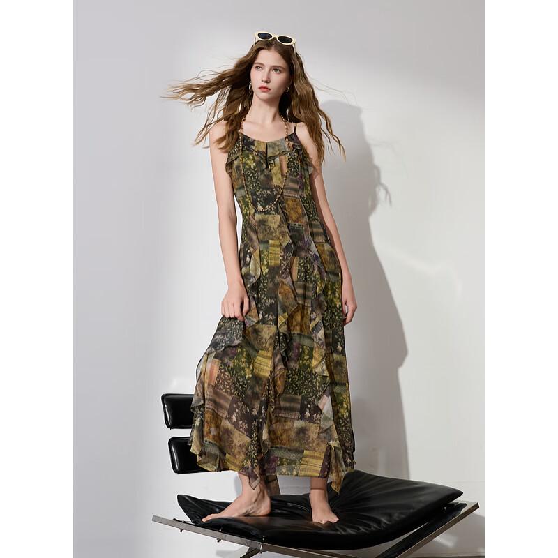 

Sancai 2025 Summer Ruffle Chiffon A-Line Maxi Dress with Irregular Print S