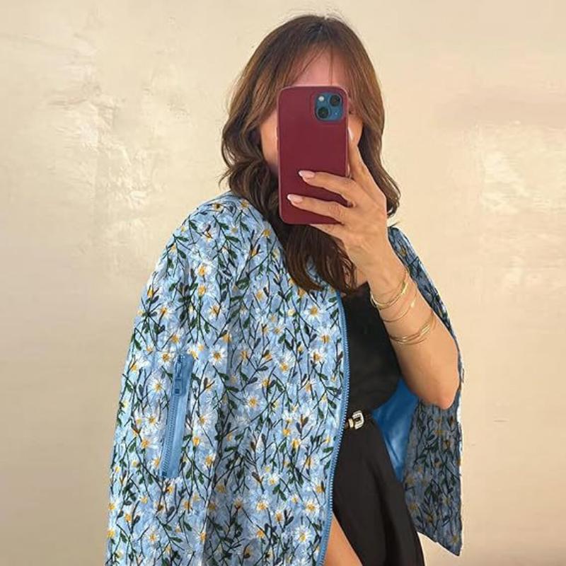 Women's Embroidered Daisy Cropped Bomber Jacket Long Sleeve Quilted Puffer Jackets Padded Coat Outerwear