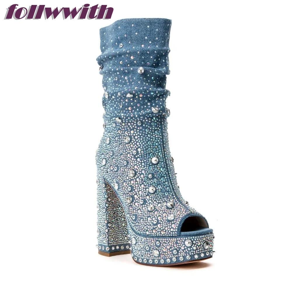 Fashion Bling Rivet Decoration Denim Square Heel Peep Toe Pumps Platform Super High Fashion Modern 2025 Hot Sale New Arrival Shoes