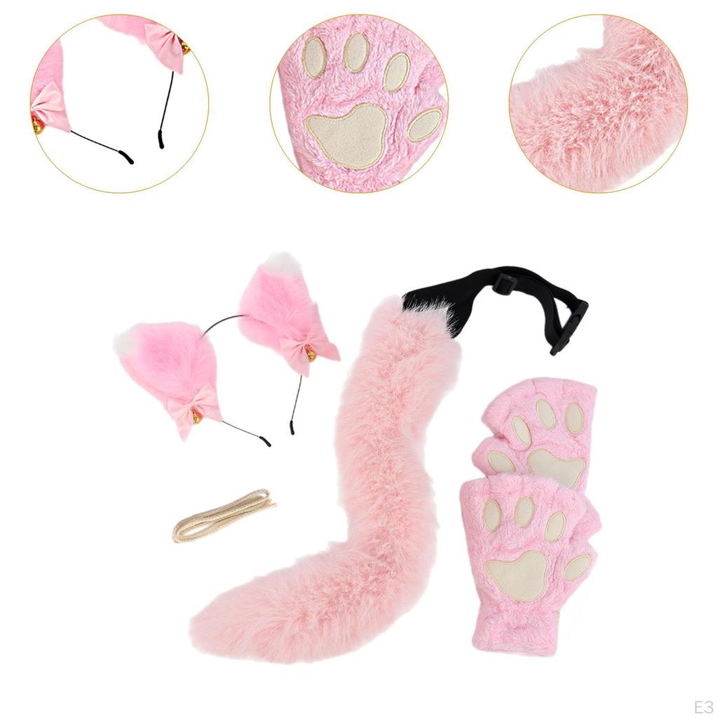 Plush Cat Ears Headband, Claws Gloves and Tail Set Costume Accessories for Party