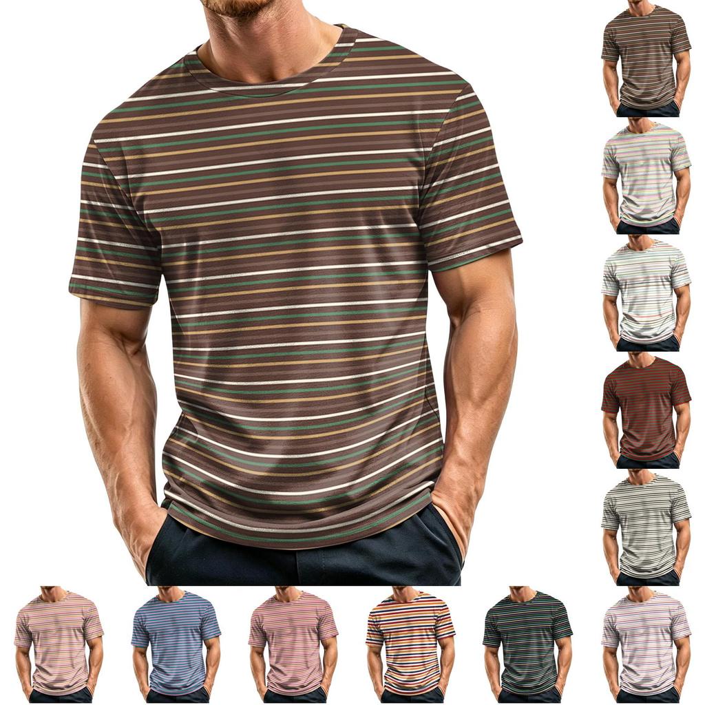 Men's Casual Quick-Dry Short Sleeve Shirt with Round Neck Lightweight Mesh and Striped Design