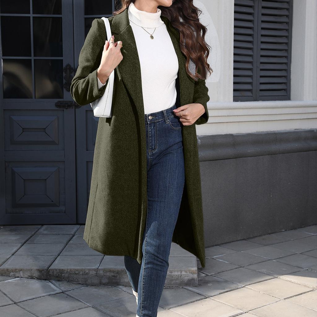 Women's Casual Long-Sleeved V-Neck Single-Button Solid Colour Wool Coat
