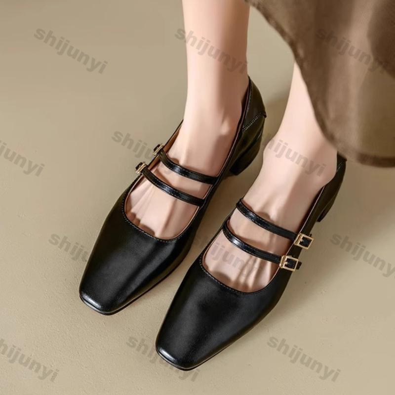 Women's Mary Jane Shoes 2025 Spring Autumn New Buckle Strap Luxury Leather Shoes Comfortable Square Toe Party Sexy Pumps