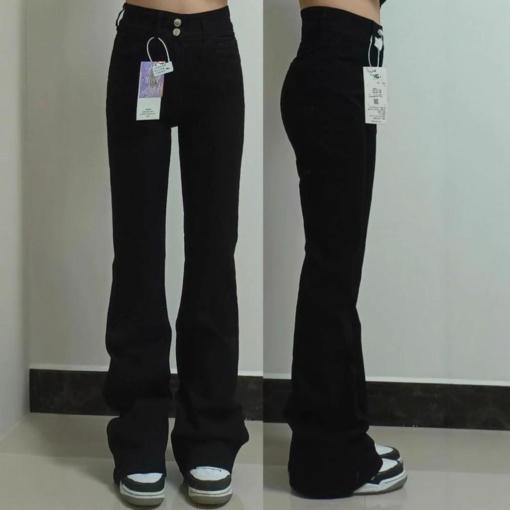 Women's Black High Waist Micro-Flare Jeans - 2025 Spring/Autumn Slimming Horseshoe Stacked Floor-Length Pants