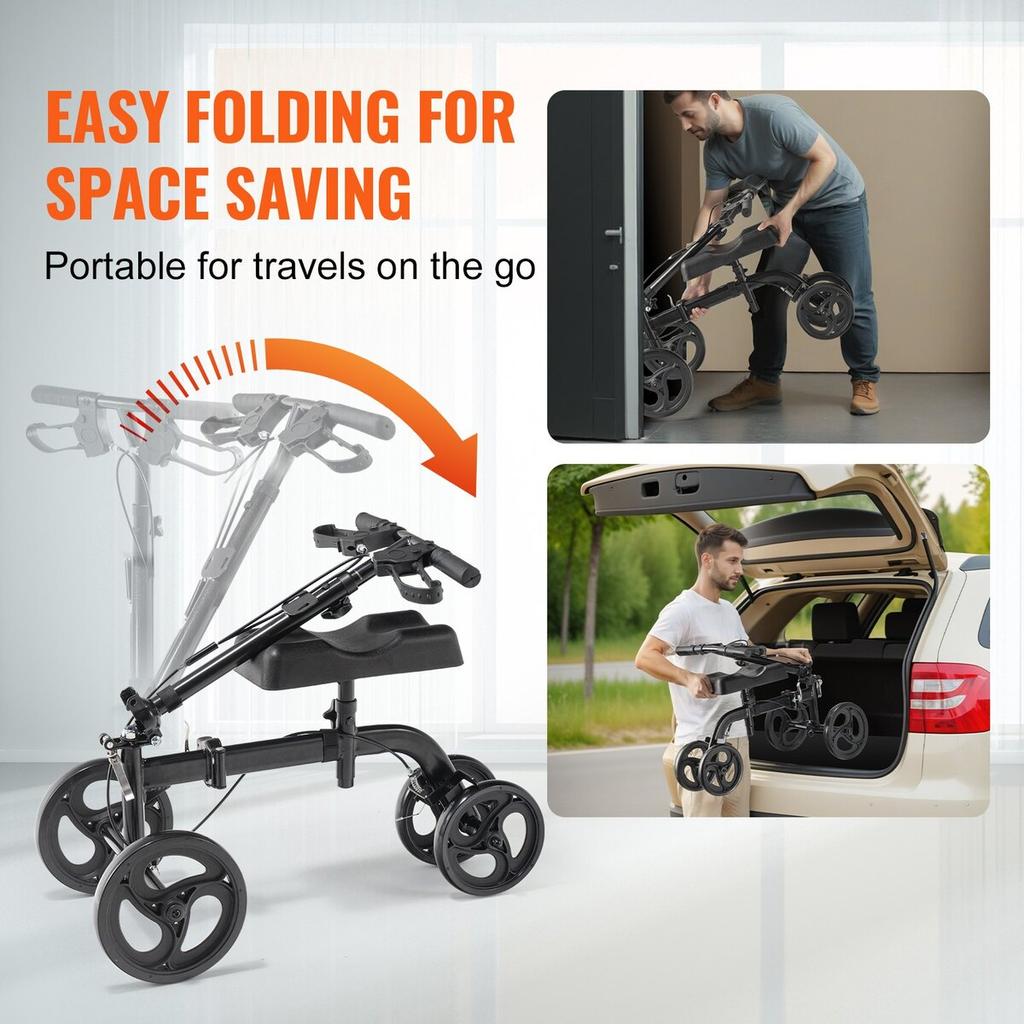 Folding Knee Scooter, Carbon Steel Steerable Knee Walker with Height-Adjustable Handlebar & Knee Pad, All-Terrain Solid Wheels, Dual Brakes, Leg