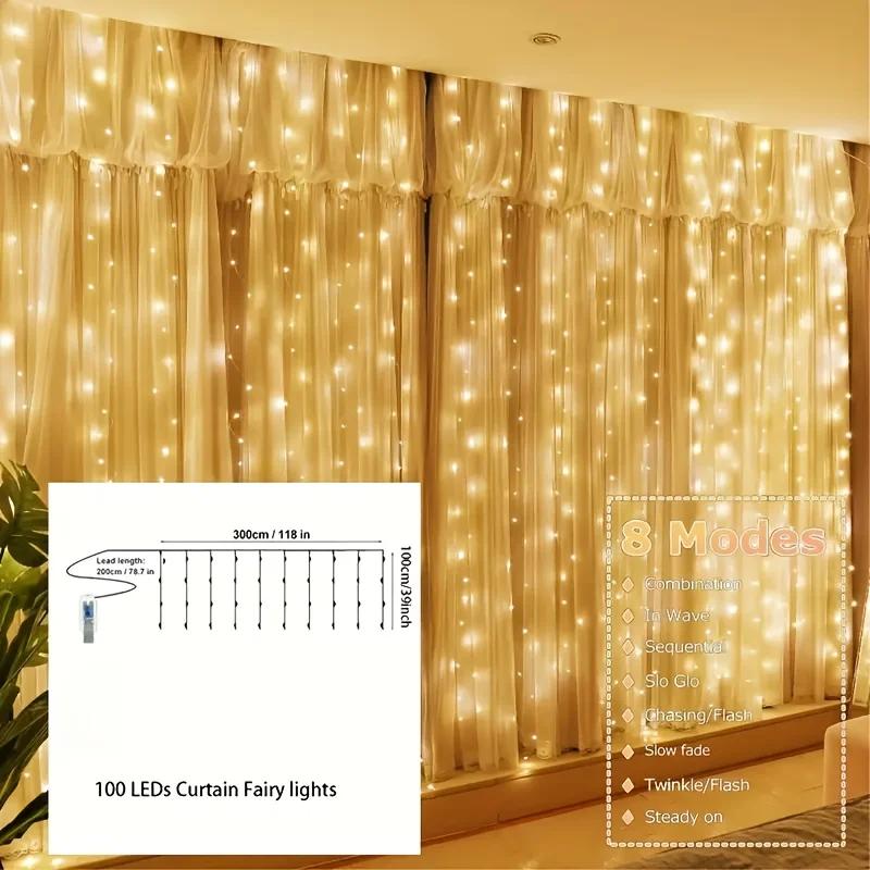 300 LED Fairy Light Curtain USB Remote Control 8 Modes String Lights Christmas Wedding for Bedroom Wedding Party Xmas Decoration
