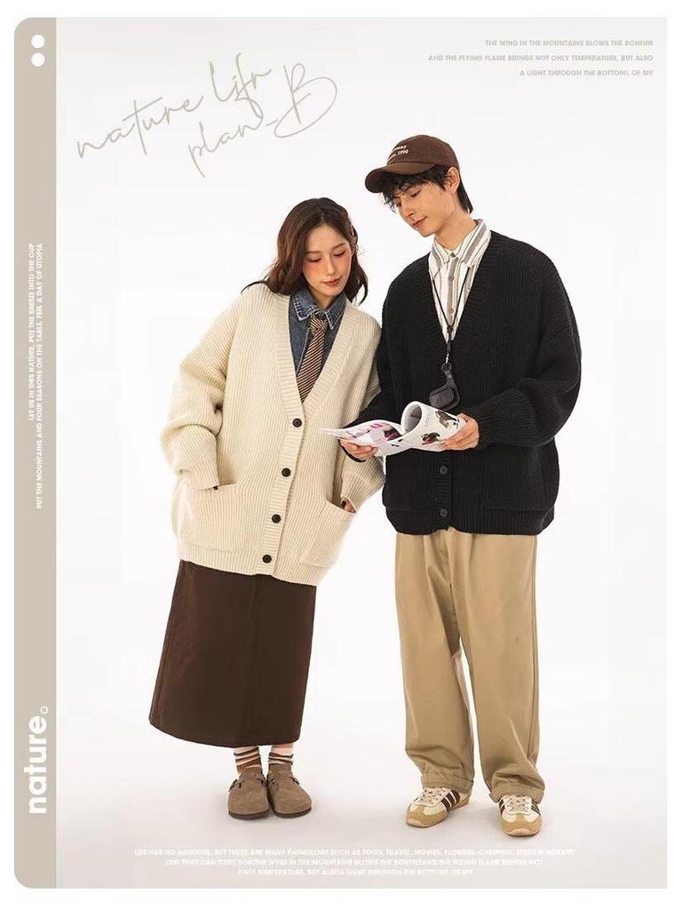 Trendy Japanese-Style V-Neck Knit Cardigan - Autumn/Winter Loose Fit Sweater for Couples