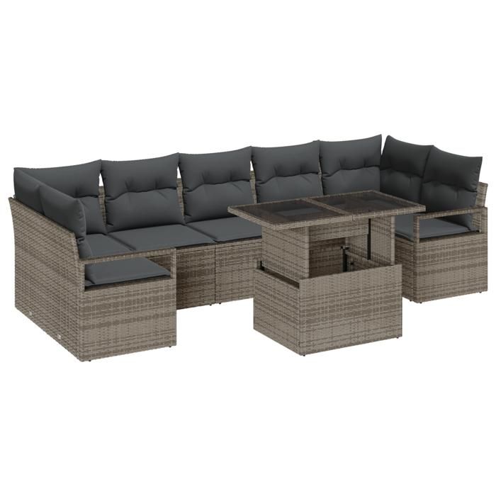 Canapé de Jardin 8 Pièces avec Coussins Gris Rotin Synthétique, Canapé de Jardin 2 Places avec Rangement et Coussins Gris 3357512