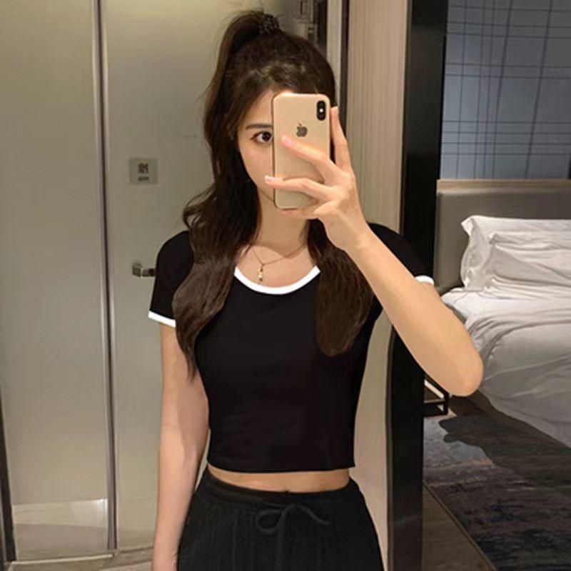 Women's Color Block Trim Crop Top, Cotton Slim Fit Short Sleeve T-Shirt