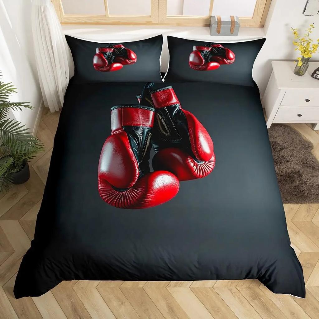 Boxing Sport Duvet Cover King Queen Golden Boxing Gloves Bedding Set Yellow Fire Print Comforter Cover Microfiber Quilt Cover