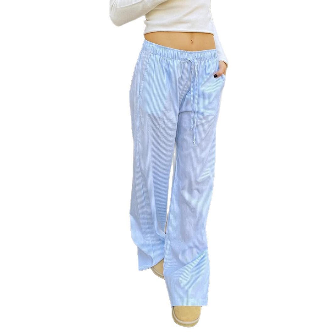 

Весенне-летние новые модные длинные брюки для женщин: Брюки широкие с карманами, эластичной талией на кулиске XL синий