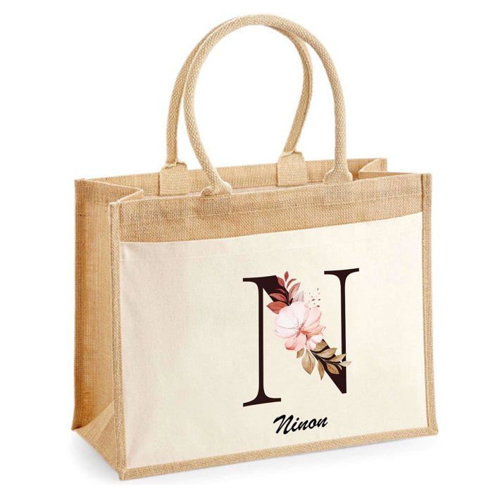 Cabas - PLANETEE - Jute avec poche Ninon Lettre Fleur - Coton - Beige - Grande contenance