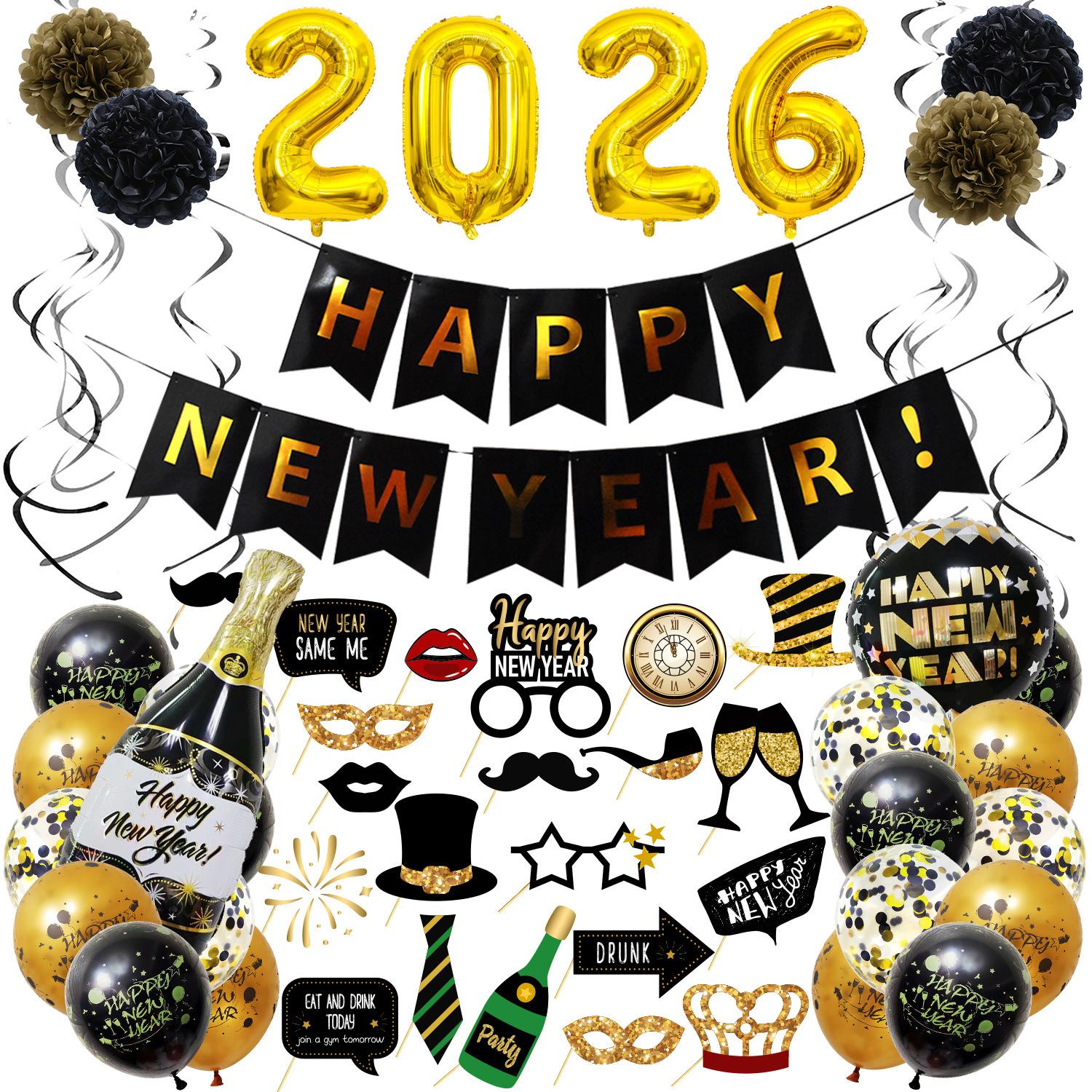 

2026 Тематическая вечеринка на Новый год Украшение Флаг на Новый год Реквизит для фото на Новый год Набор бумажных цветов и воздушных шаров New Year s Black Gold Fishtail