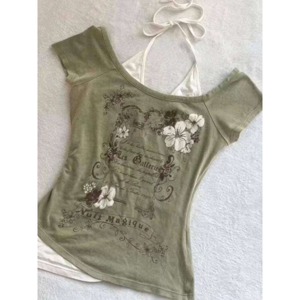 Camisetas de verano de dos piezas con cuello halter y vendaje estilo vintage, camisetas Y2k estéticas ajustadas, camisetas sexis informales con estampado grunge para mujer