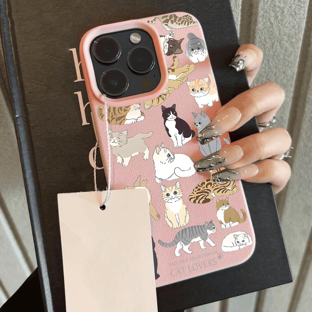 

HOT Cartoon Full Screen Cat Lichee leather pattern Phone Case For iPhone 17 16e 16 15 14 13 12 11 Air Pro Max Plus X XR XSMax iPhone 11