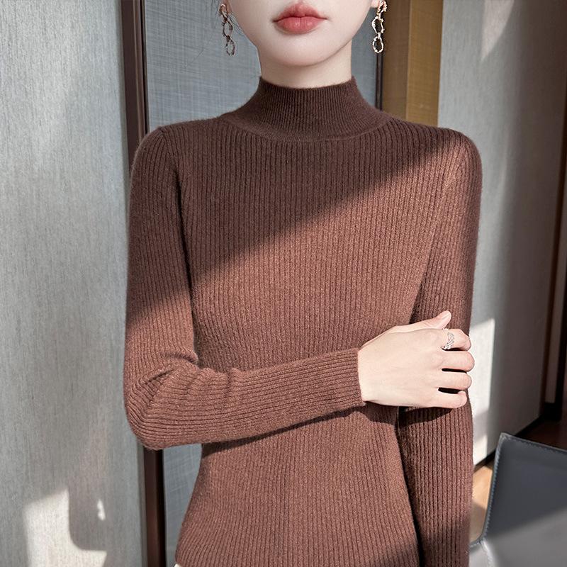Women's Coffee High-Neck Sweater - Celebrity Style, Fall/Winter 2025, Slim Fit, Solid Color, Base Layer.