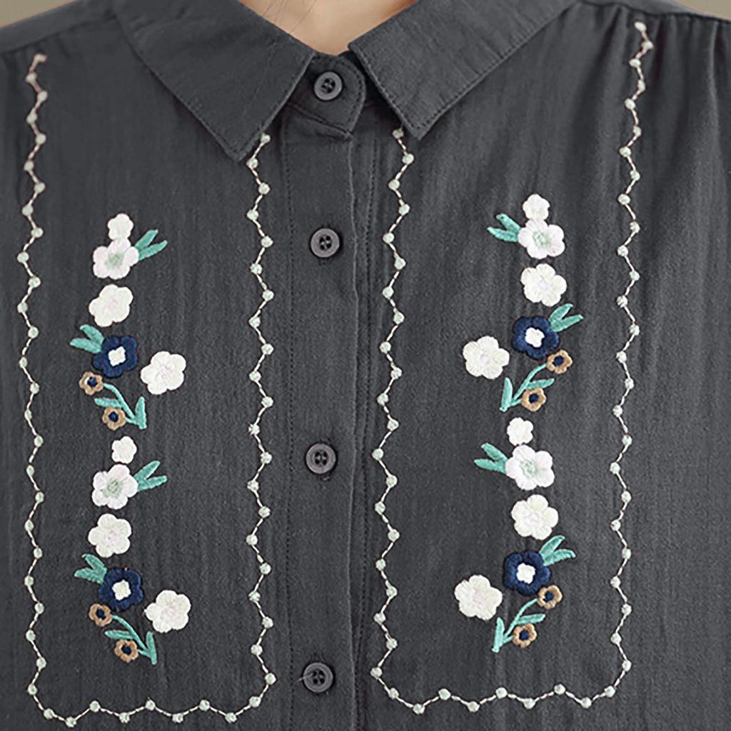 Women's Embroidery Floral Shirts Fashion Button Down Lapel Long Sleeves Casual Comfy Shirt Blouse Tops