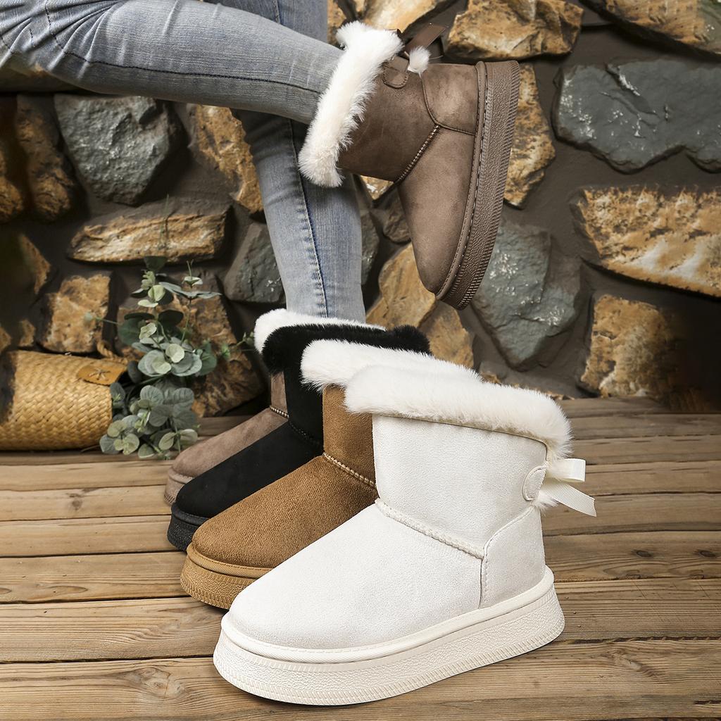 Large Size Short Snow Boots Women's Autumn and Winter New Bow Thick-soled Piled Thickened Warm Cotton Boots
