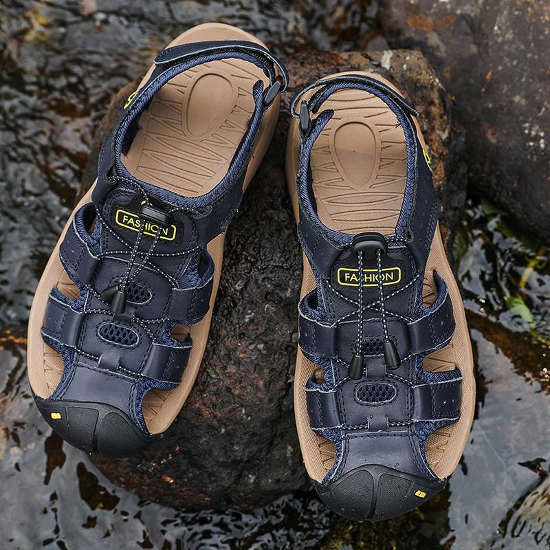 Men's Outdoor Top Layer Leather Large Size Toe Sandals Summer Casual Men's Fashion Outdoor Non-Slip Beach Sandals