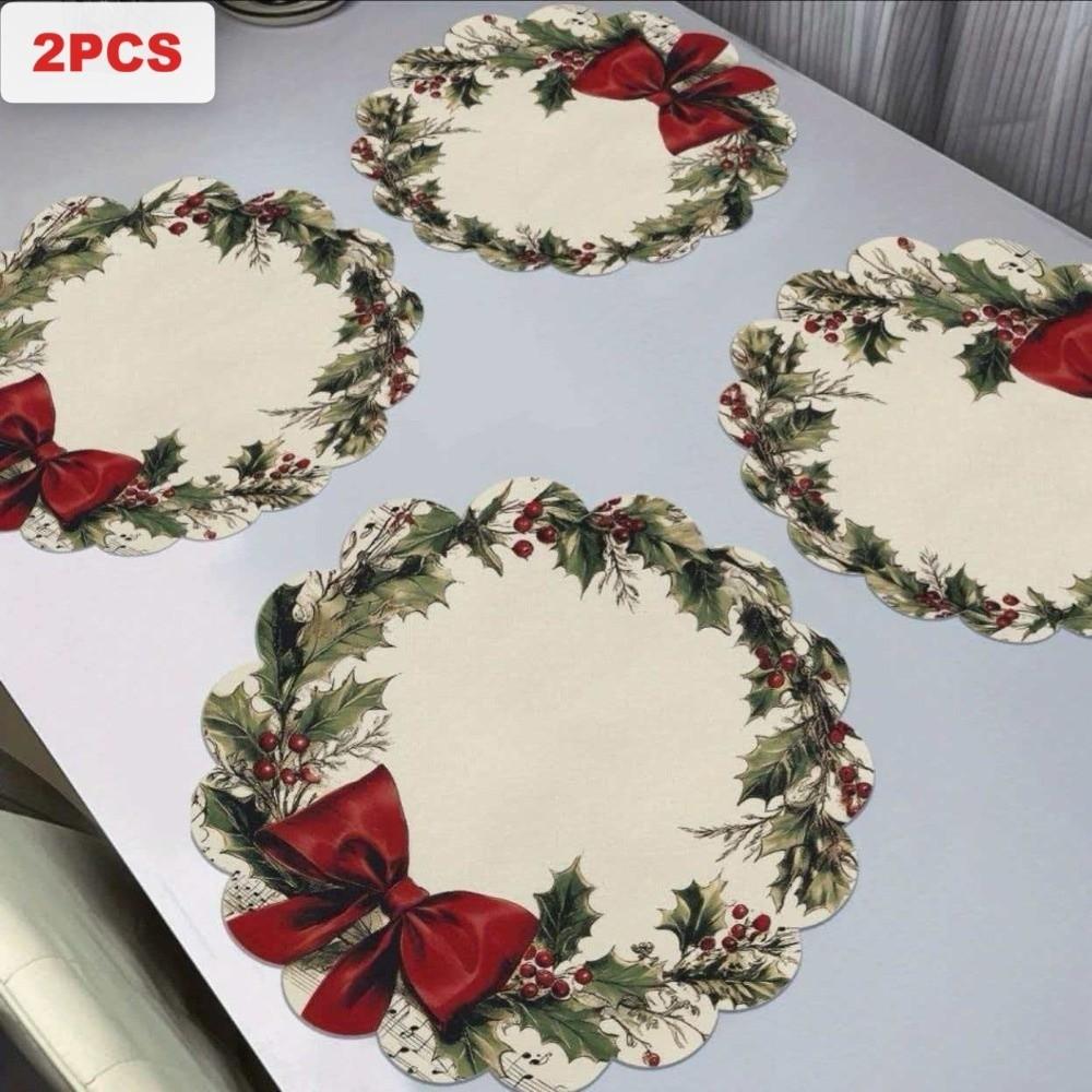 2PCS Anti-Slip Christmas Round Placemat Heat Resistant Christmas Dining Mat  Christmas Decor