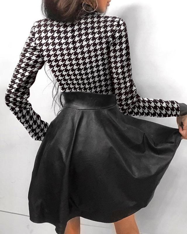 Herbst/Winter Mode PU-Leder Patchwork Taillenbetonendes Kleid