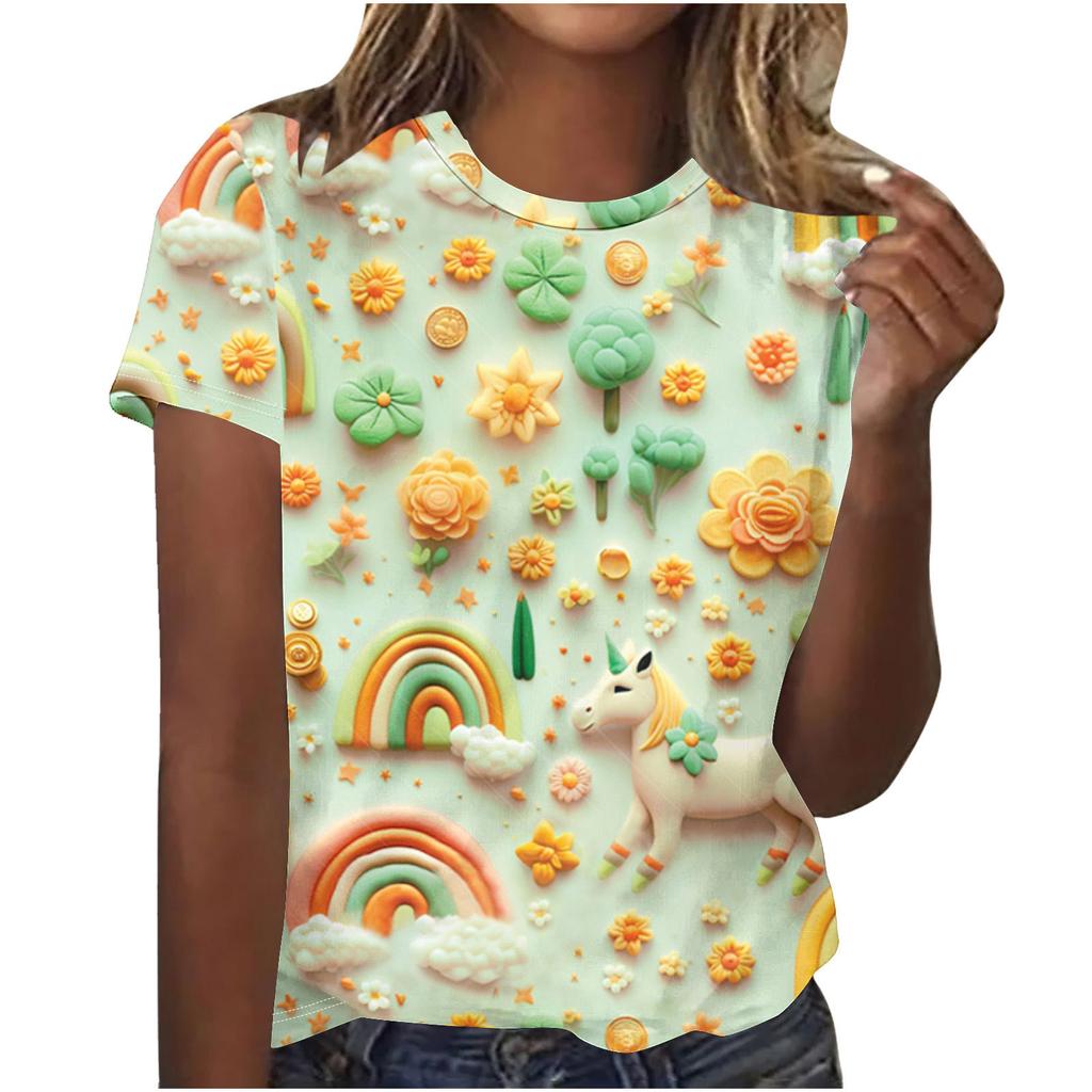 Cuello Redondo de Verano 3D St. Camisetas de Manga Corta Casuales de Moda para Mujer con Estampado Temático Verde del Día de San Patricio