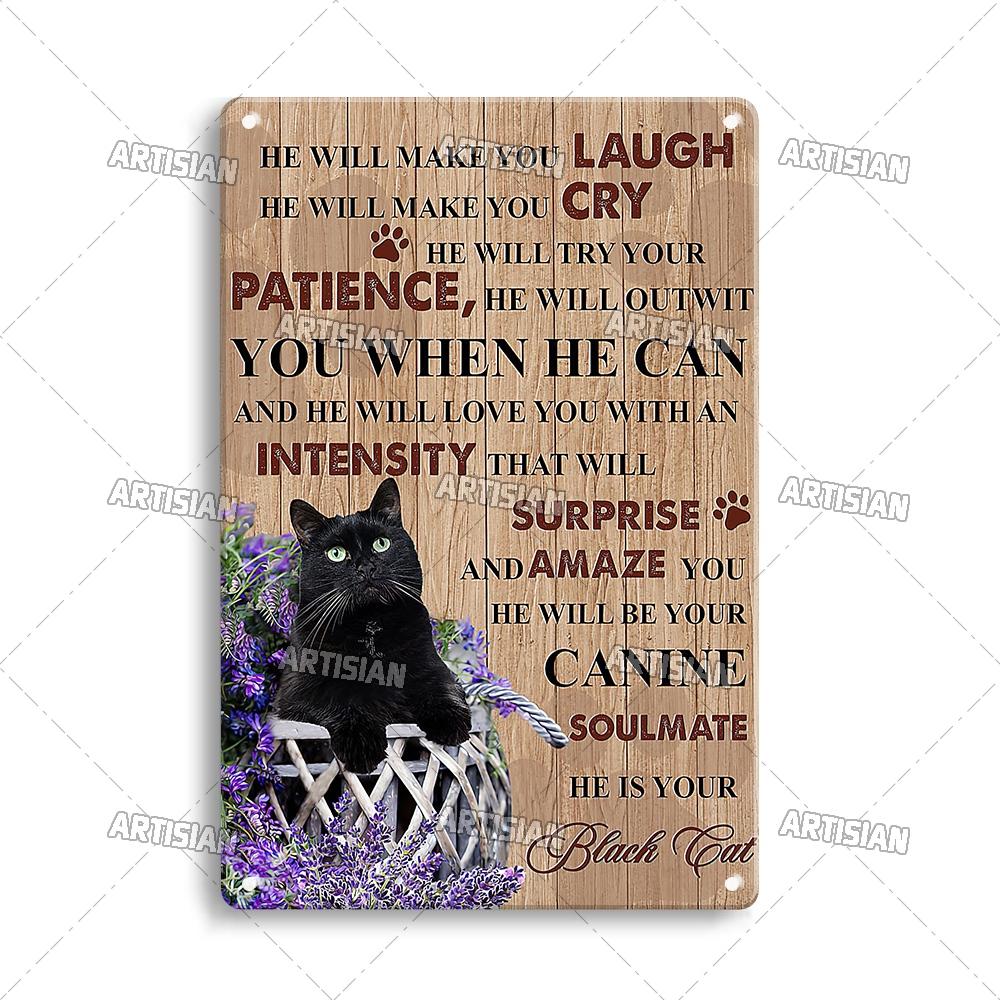 Artisian Black Cat Retro Metal Plaque Funny Pet Vintage Decorative Tin Sign Wall Decor Garage Bar Pub Club Kitchen Home Man Cave