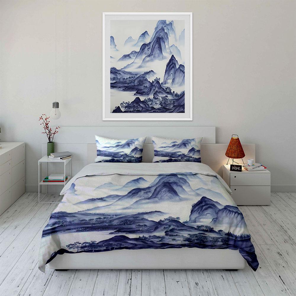 Ink Landscape Painting With Cloudy Peaks Print Bedding Set 1 Duvet Cover 2 Pillowcases For Adult And Children Luxury Gift