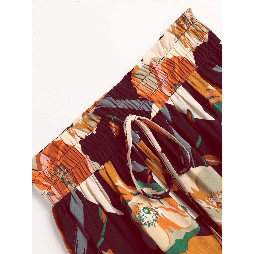A-line Skirt, Pleated Skirt, Floral Print, Elastic Waist, Midi Skirt