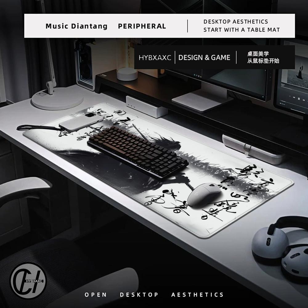 HYBXAXC Ink Warrior Mouse Pad XXL Anime Samurai Rug Gaming Pc Accessories 40x90cm Office Desks Aesthetic Mousepad Table Cushion