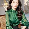 2025 Elegant Green Satin Shirt with Mandarin Collar and Frog Buttons