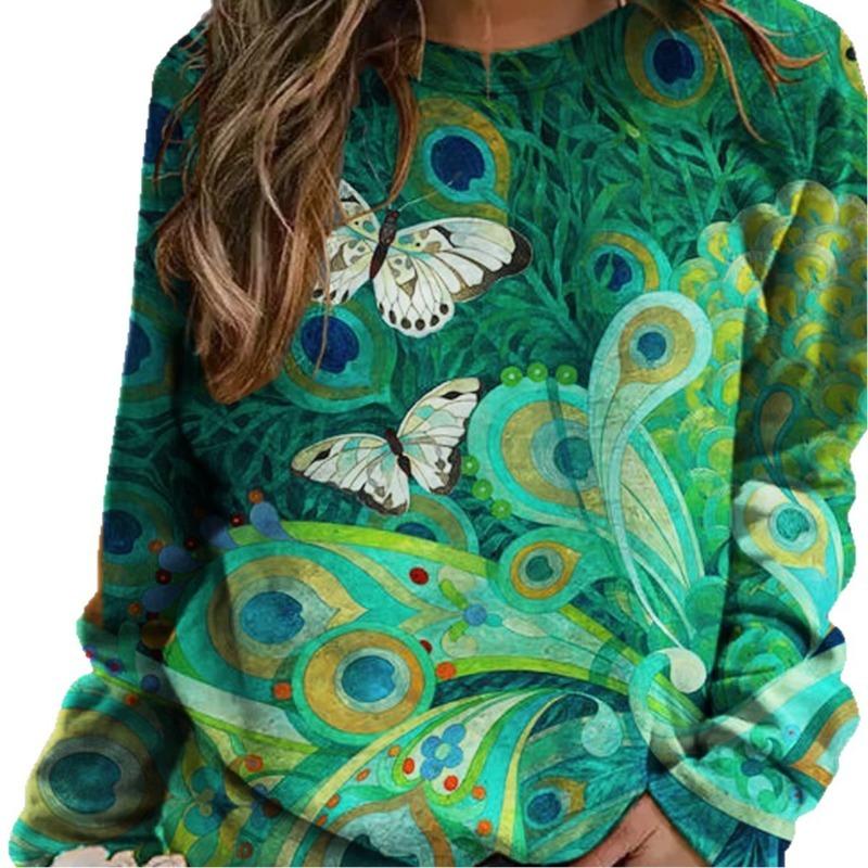 Modisches Retro 3D Schmetterlingsdruck Damen Casual Rundhals Langarm T-Shirt