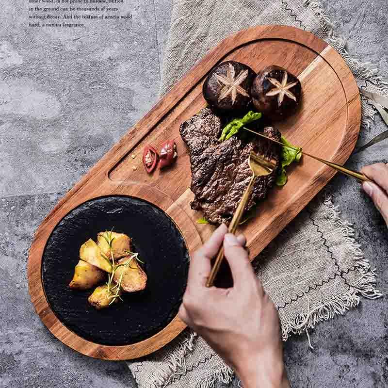 Plateau De Service En Ardoise Et Bois D'Acacia - Avec 2 Bols à Sauce - Assiette à Steak, Planche à Découper, Présentation Élégante